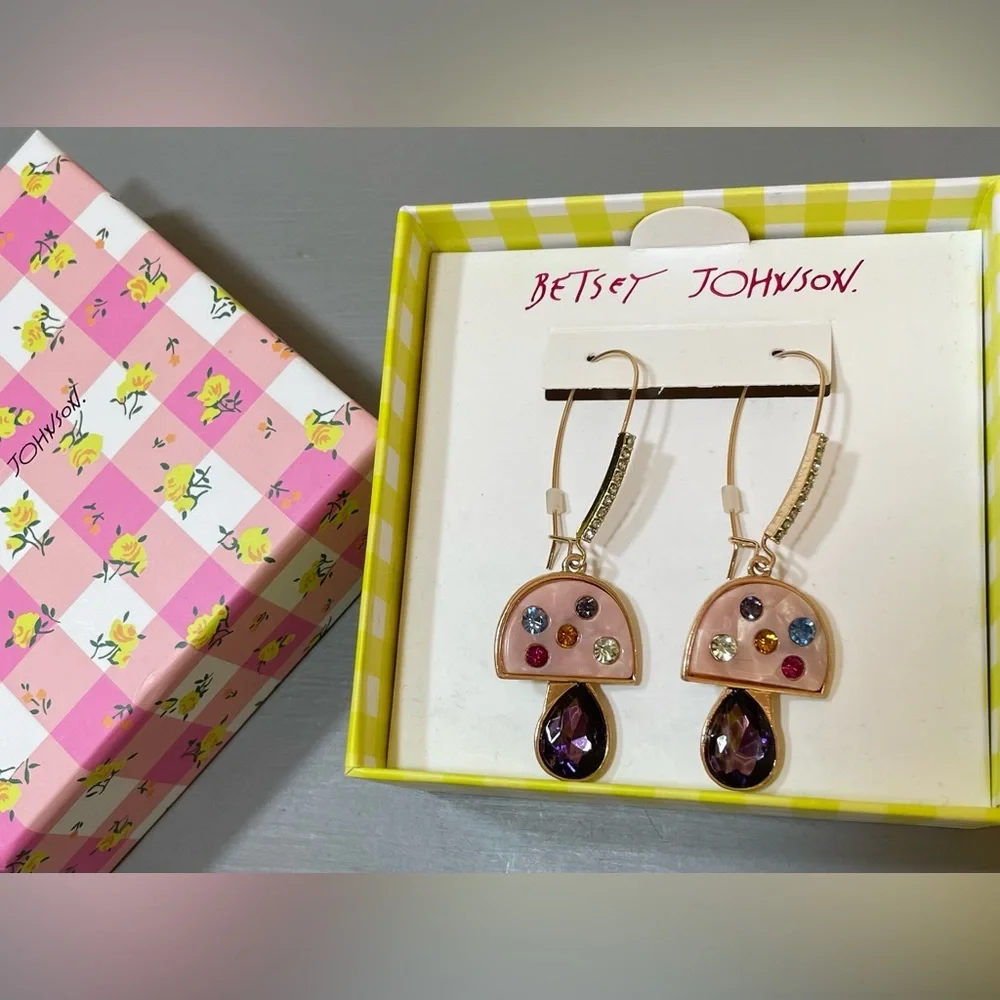 NIB BETSEY JOHNSON EMBELLISHED MUSHROOM DANGLE EARRINGS - Picture 3 of 7